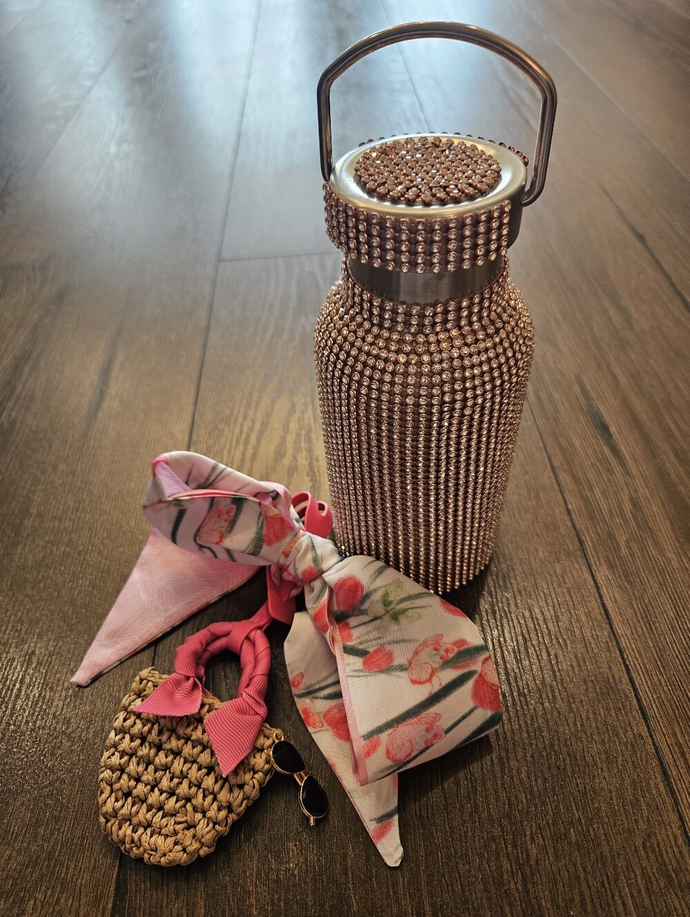 NEW Crystalled Glam Stainless Steel Drink Bottle + Twilly & Mini Bag Charm Set